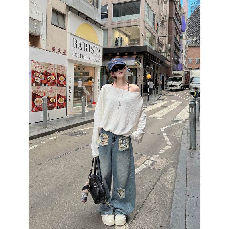 Cuitcuit Blue Distressed Ripped Jeans for Women, Summer Hot Girl Retro Slimming Wide-Leg Pants, Scimitar Long Pants