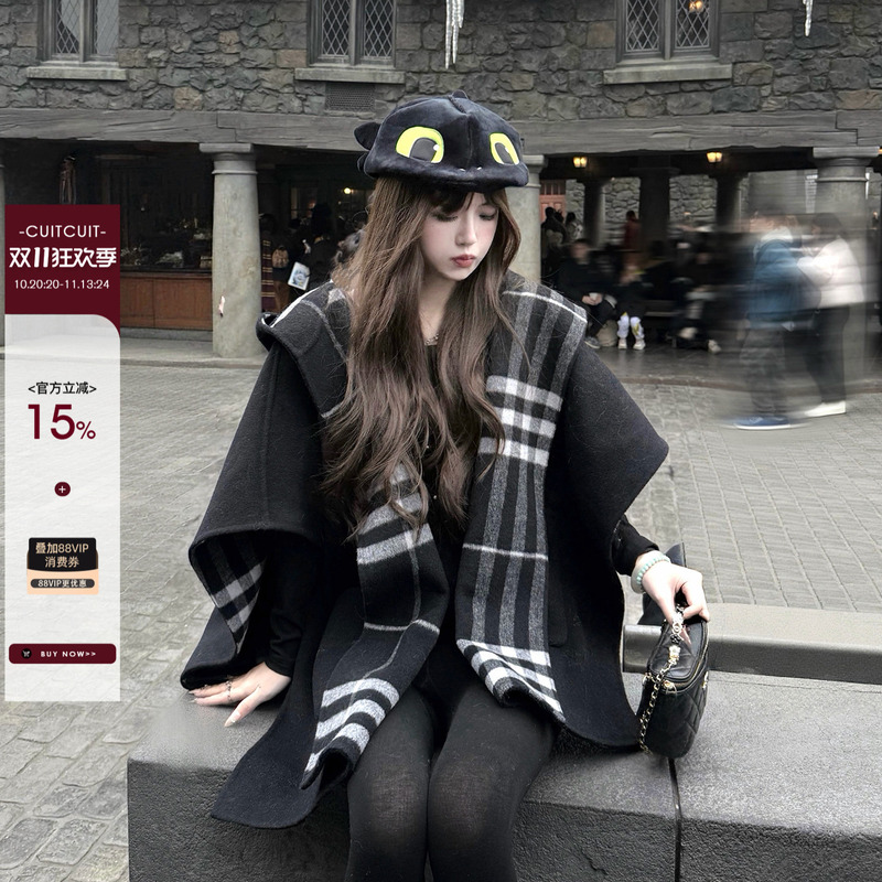 Cuitcuit British Witch Wool Plaid Double-Sided Woolen Cape Coat Women's 25 Autumn and Winter Shawl Woolen Coat