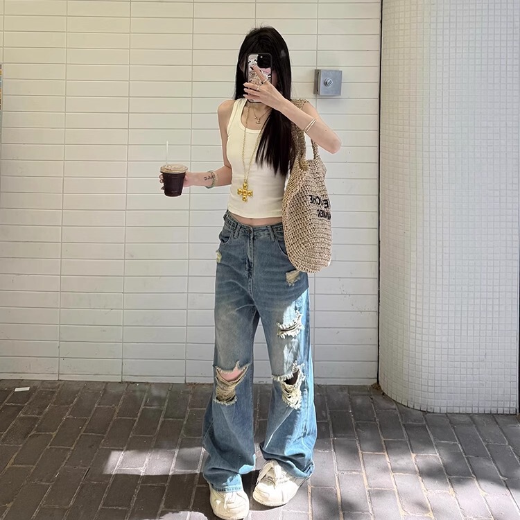 Cuitcuit Summer Must-Have~ Hot Girl Retro Distressed Washed Denim Wide-Leg Pants Versatile Ripped Pants for Women