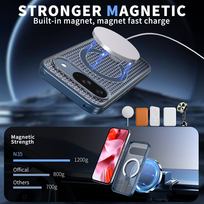 Suitable for Google 10 Magnetic Stand Phone Case, Blue, High-End, Anti-Drop, Honeycomb Breathable, Heat Dissipation, Google 10 Pro XL Protective Case, Creative Google Pixel 10 Wireless Charging