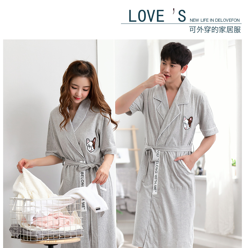 Couple áo ngủ nam mùa hè dài đoạn ngắn tay áo choàng tắm nữ mùa hè phần mỏng cotton kích thước lớn của nam giới đồ ngủ mùa hè bông áo choàng tắm