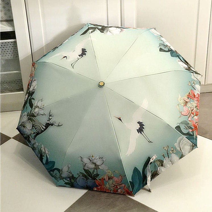 Forest crane sunscreen UV clear umbrella universal three-fold fully automatic goddess sunshade original wind-resistant reinforcement