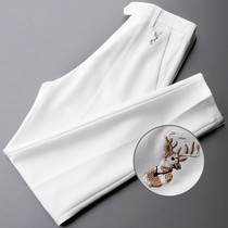 Summer white casual pants mens business British embroidery solid color mens straight trend Korean trousers Xiaoxi pants