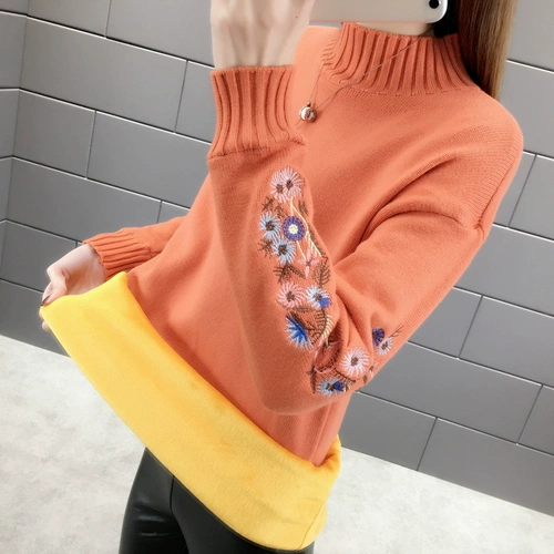 Утепленный свитер, длинное базовое приятное телу трикотажное платье, 2019, оверсайз, с вышивкой