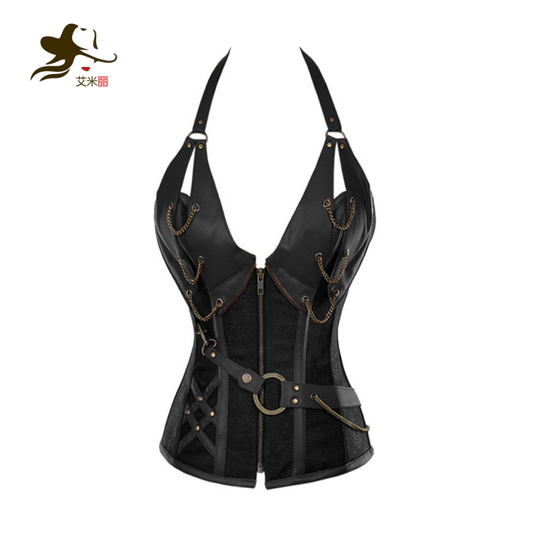 King size European and American court 4 steel bone steampunk leather corset belt halter neck bodybuilder