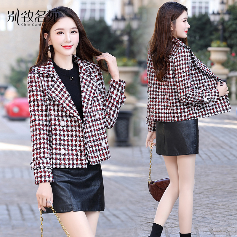 Gross jacket woman short 2022 autumn winter new Korean version with small sub-temperament checkered in the shape of a small coat