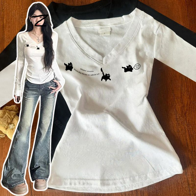 Korean-Style V-Neck Long-Sleeve T-Shirt for Autumn and Winter, Trendy American-Style Simple Versatile Slim-Fit Base Layer Top for Women Korean-Style V-Neck Long-Sleeve T-Shirt for Autumn and Winter, Trendy American-Style Simple Versatile Slim-Fit Base Layer Top for Women