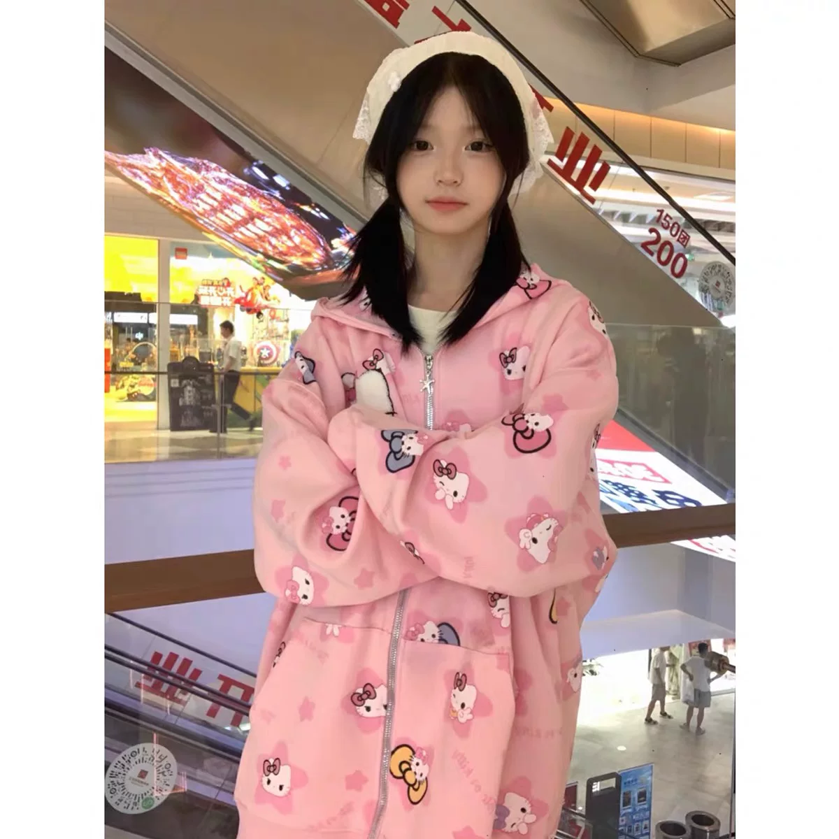 Кофта‑худи Hello Kitty с молнией, свободный осенний крой, фуксия, размеры M–2XL