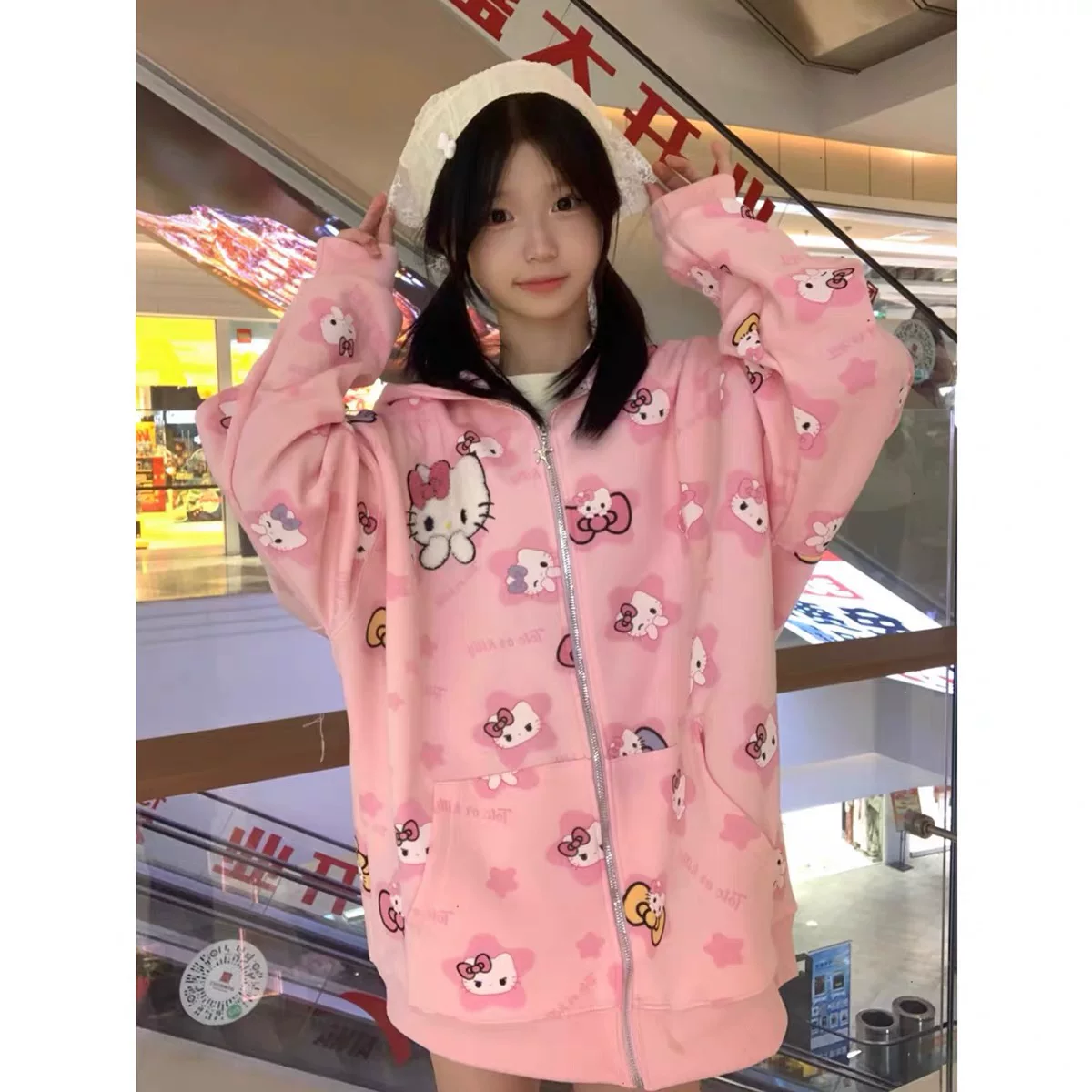 Кофта‑худи Hello Kitty с молнией, свободный осенний крой, фуксия, размеры M–2XL