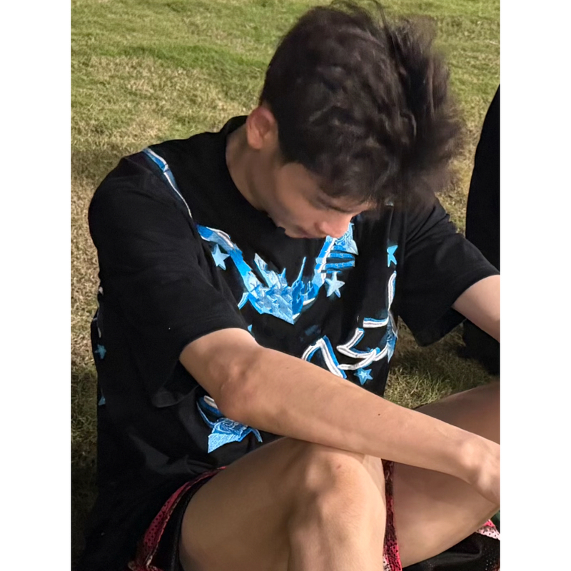 American High Street Style Rose Origami Print Pure Cotton Short-Sleeve T-Shirt for Men, Summer Loose Fit Trendy Brand Heavyweight Couple Top T-Shirt