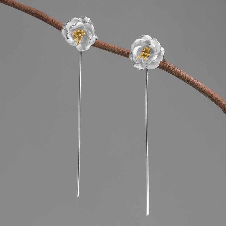Original design, beautiful camellia earrings, earwires, painless ear clips, 925 sterling silver, handmade matte texture, beautiful