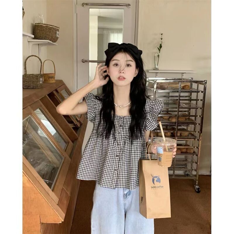 Cotton Breathable French Plaid Short-Sleeved Vest for Women, Summer Design, Niche Shirt, Loose Fit for Petite Figures Cotton Breathable French Plaid Short-Sleeved Vest for Women, Summer Design, Niche Shirt, Loose Fit for Petite Figures