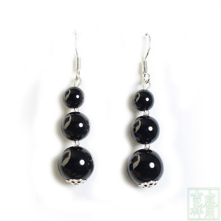 Natural black agate earrings jade earrings earrings female 925 silver personality earrings long version original earring needle ear refining