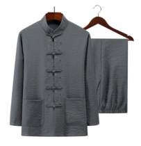 Chinese style mens long sleeve suit autumn middle-aged father cotton linen Tang suit coat Chinese Han suit shirt grandpa