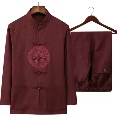 Middle-aged and elderly cotton linen Tang suit men's long sleeve suit spring and autumn linen long sleeve shirt