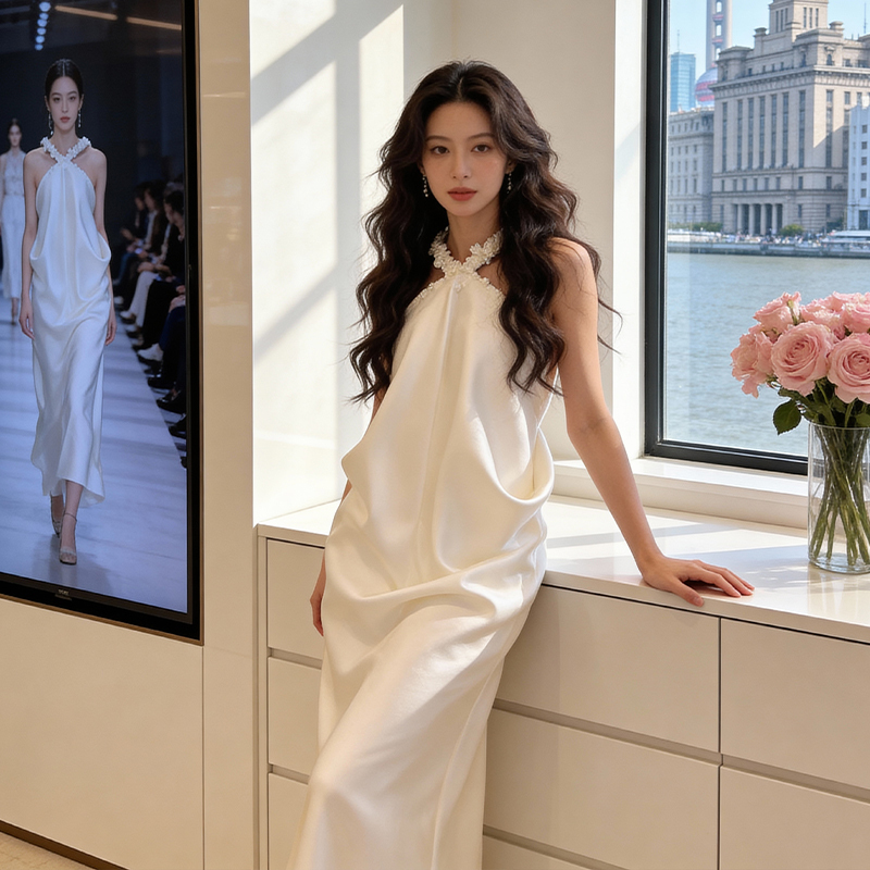 Light Luxury and Elegant Style Halter Neck Sleeveless Long Dress for Women, White Elegant Party Dress, Bridal Engagement Dress, New Style