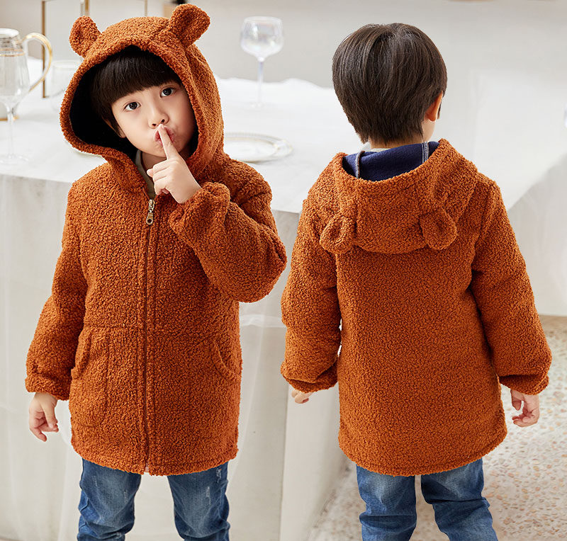 Baby Teddy Suede Hood Clothes Children Winter Thickened Down Clothes Hooded Boy Eating Anti Dirty Long Sleeves Drawing Apron