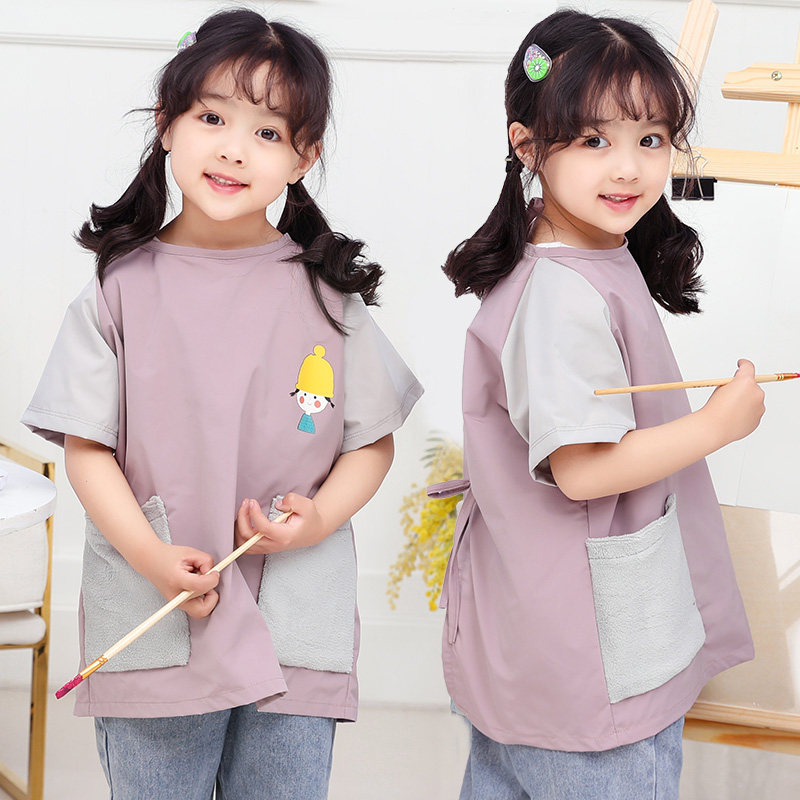 Children short sleeve apron waterproof student drawing clothes male and female children eating anti-dirty anti-wear school customised hood clothes