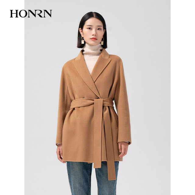 HONRN/Red Man Suit Collar Thin Belt Waist Double-sided Woolen Wool Coat Jacket Women's Autumn and Winter HI59OD008