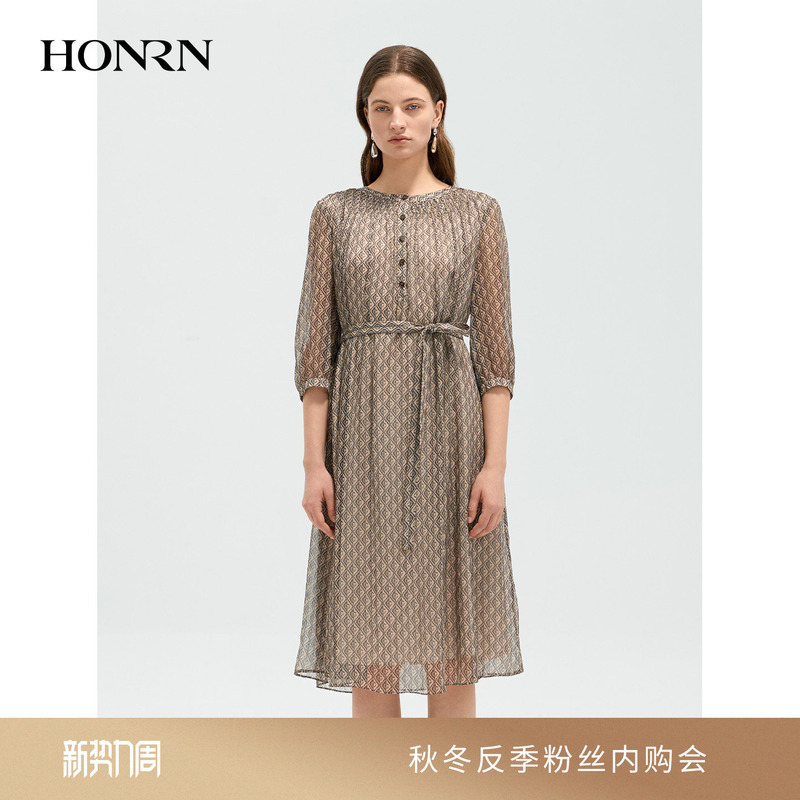 Honrn/Red People Light Brown Printed Dress with Three-Quarter Sleeves, Tie Waist, Slightly Stretchy, Same Style as in Shopping Malls Hk11Ol055