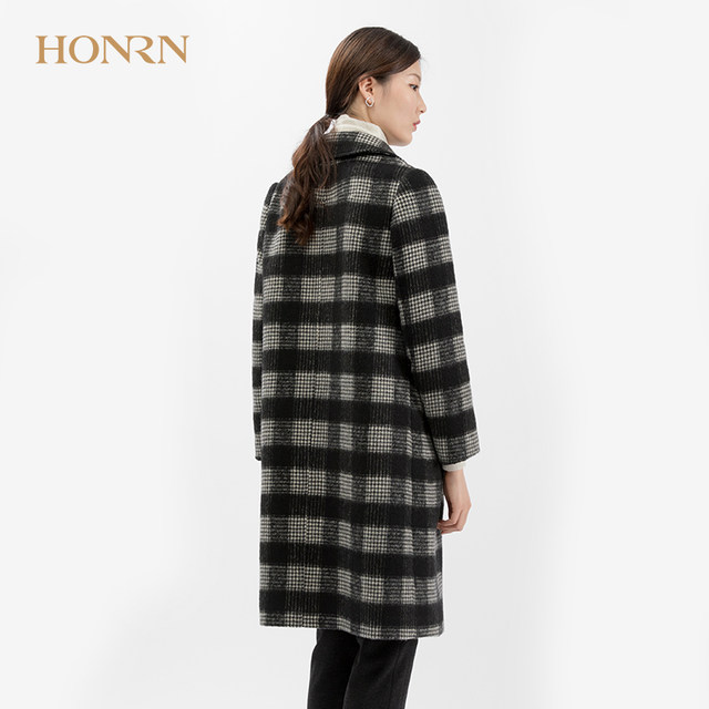 HONRN/Red Man Retro Square Collar Wool Coat Women's Winter Winter's Winter's Winter's Mid-Length Houndstooth Pattern Loose Straight Jacket