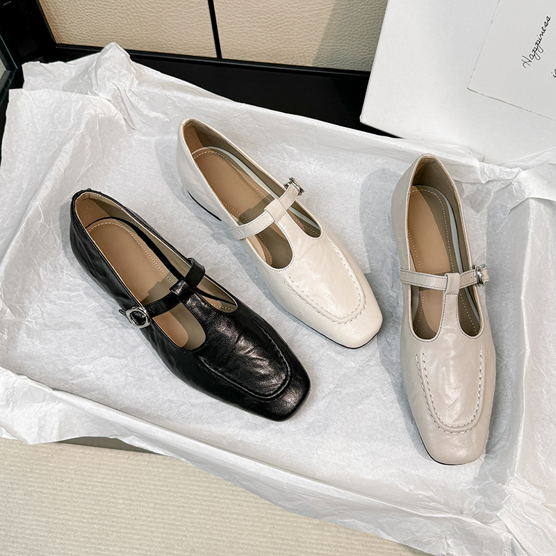 パンダホームシープスキンフレンチレトロソフトレザーシューズレディースTストラップメリージェーンシューズ英国スタイルの通勤用スモールレザーシューズ