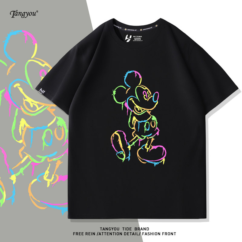 American Retro Cartoon Mickey Short-Sleeved T-Shirt for Men, Pure Cotton Half-Sleeved Couple Round Neck Loose Large Size Mickey Mouse Summer Wear