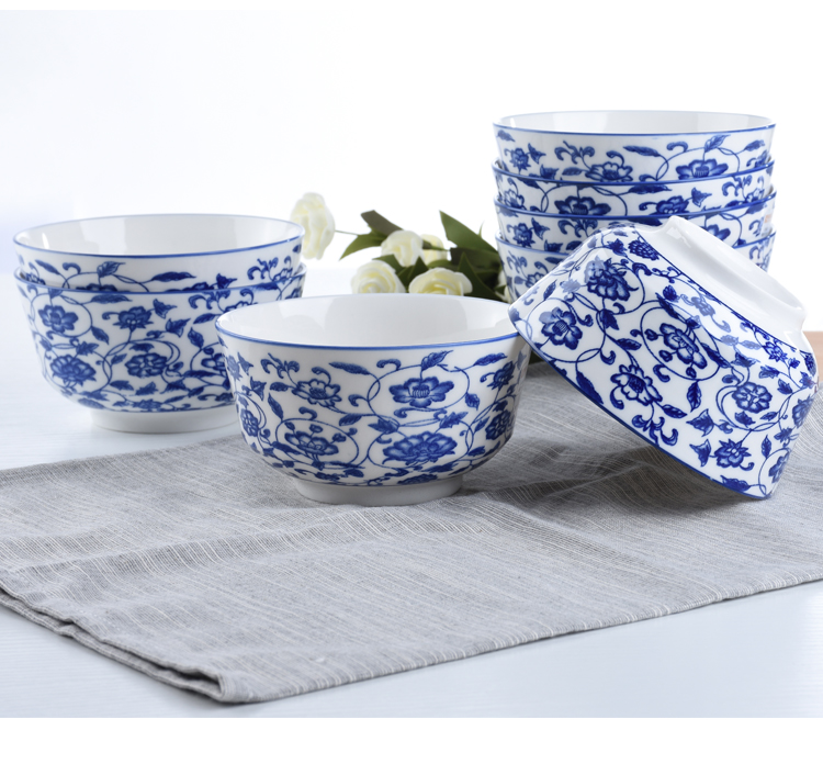 Bộ đồ gốm sứ màu xanh và trắng bát cơm nhà bát 4,5 inch Trung Quốc sáng tạo xương Trung Quốc bát mì bát lớn đũa ăn cơm