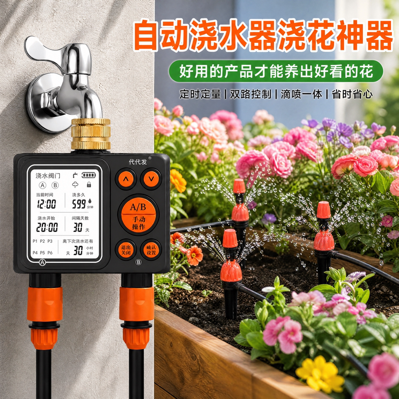 Automatic Watering Device for Plants, Dual-Channel Dual-Outlet Smart Home Timer Controller Drip Irrigation System Automatic Watering Device for Plants, Dual-Channel Dual-Outlet Smart Home Timer Controller Drip Irrigation System