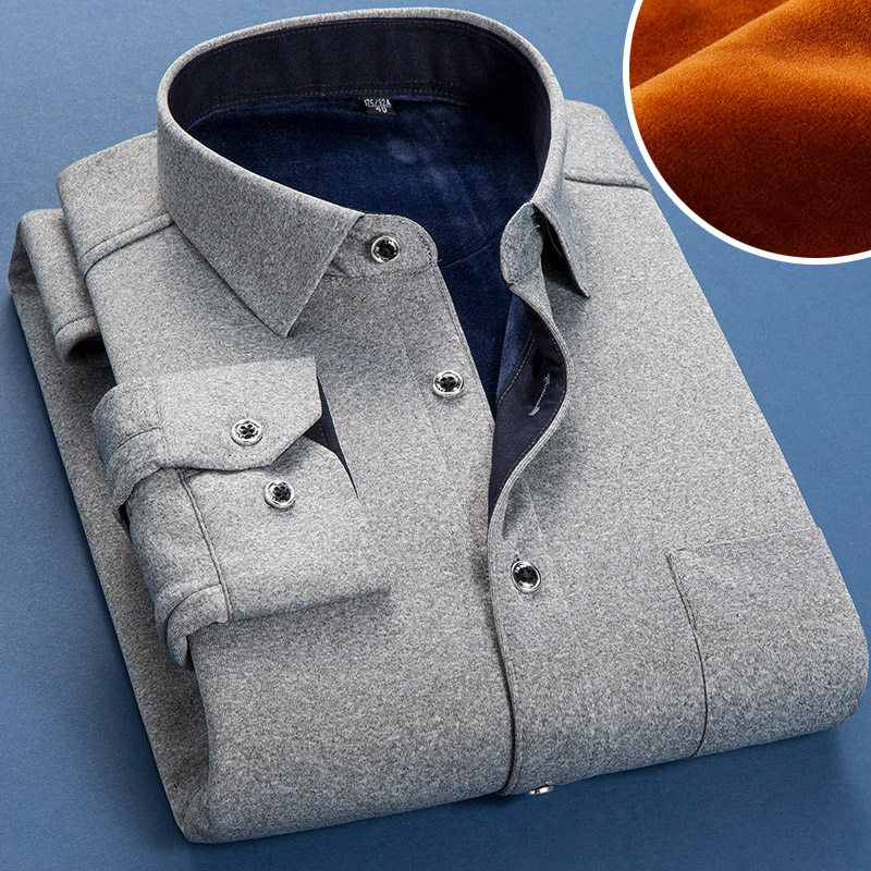 Autumn Winter Thicken Plus Suede Warm Shirt Men's Pure Color Shirt Male Long Sleeve Sashimi Shirt Male shirt Inch Tide-Taobao