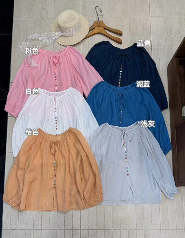 2026 Summer New Style Sweet and Elegant Versatile Solid Color Round Neck Tie Long Sleeve Ramie Shirt Mid-Length Top Trendy