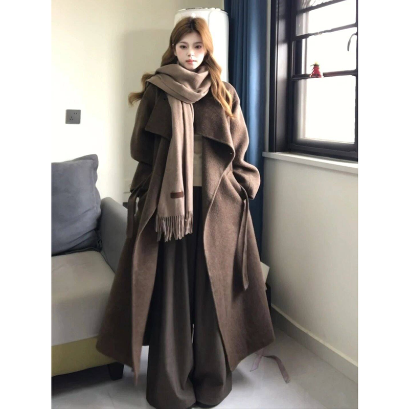 Plus-Size Fat Girl Melard Brown Woolen Coat Women's Autumn and Winter New Long Loose High-End Woolen Coat Plus-Size Fat Girl Melard Brown Woolen Coat Women's Autumn and Winter New Long Loose High-End Woolen Coat