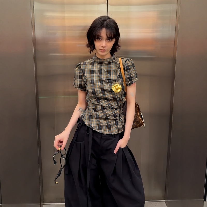 Plus-Size Fat Girl's New Chinese-Style Stand-Up Collar Plaid Waist-Cinching Shirt, Summer New Model, Unique and Beautiful Miu-Style Top