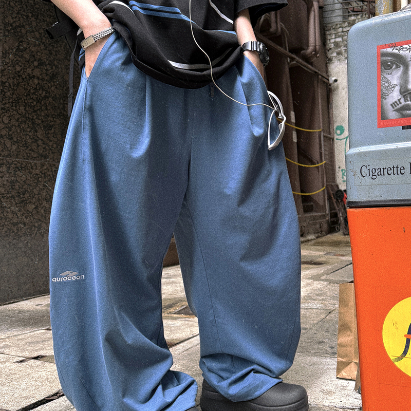 Aurocean Summer Lightweight Milk Blue Sweatpants, Scimitar Silhouette Deconstructed Oversized Pure Cotton Casual Pants