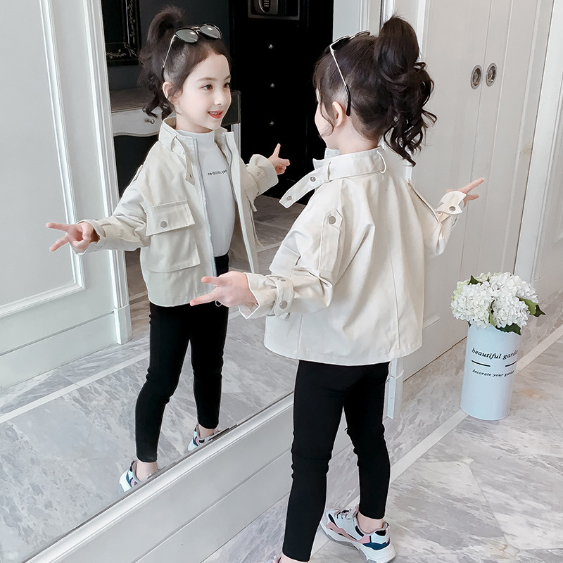 Girls' work jackets 2021 spring wear middle-aged children's casual outer wear tops children's stand-up collar jackets spring and autumn long-sleeved trendy