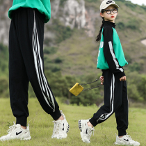 Girl Pull Strip Sports Pants Black 12 Loose Pants Fried Street Tide CUHK Scout Casual Pants Spring Autumn Trousers 15 years old