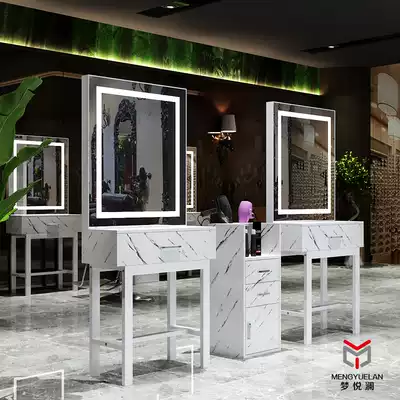 Hair salon mirror table Hair salon special solid wood hair cutting table imitation marble simple hair table with lamp net red hot dyeing mirror