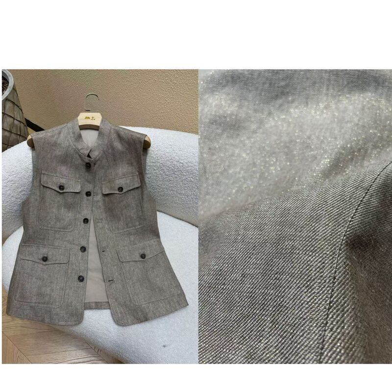 Shan.Er【Katie】Minimalist Gold Silk Linen Sleeveless Spring Jacket Vest