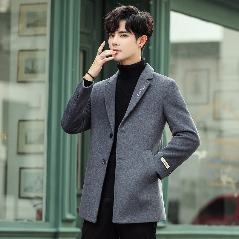 2019 new autumn trend woolen coat men's woolen coat medium and short black windbreaker Korean version slim
