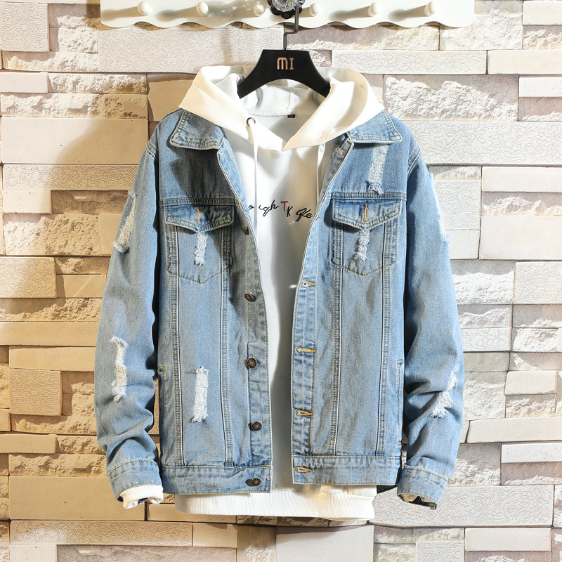 Spring ripped denim jacket men's jacket Korean version trend couple gown student casual spring and autumn loose clothes