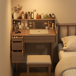 Solid Wood Flip-Top Dressing Table with Hidden Mirror, Small Vintage Bedroom Vanity Desk, Bedside Table, Integrated Dressing Table