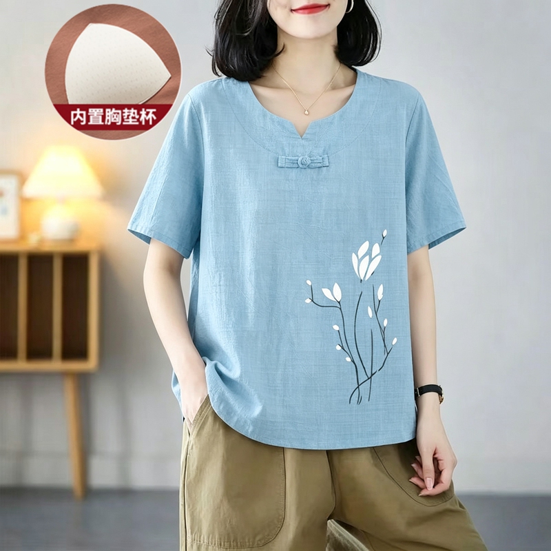 T-Shirt Pajamas for Middle-Aged and Elderly Mothers with Breast Pads, Women's Summer Cotton and Linen Short-Sleeved Tops That Do Not Require Wearing Underwear, T-Shirts for Outer Wear and Home Wear T-Shirt Pajamas for Middle-Aged and Elderly Mothers with Breast Pads, Women's Summer Cotton and Linen Short-Sleeved Tops That Do Not Require Wearing Underwear, T-Shirts for Outer Wear and Home Wear