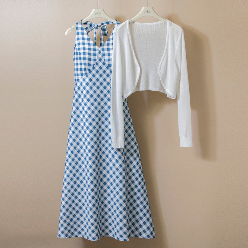 French Retro Plaid Long V-Neck Halterneck Suspender Dress Cardigan Two-Piece Set Spring and Summer New Fashion Suit