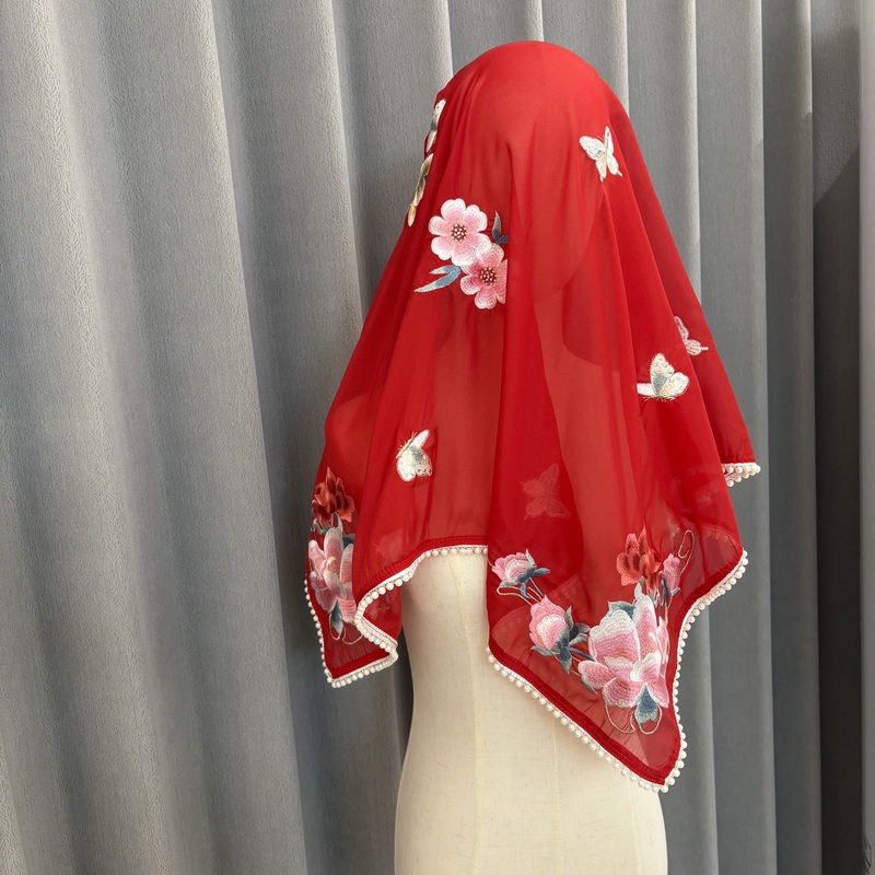 Red Hanfu Wedding Veil for Bride, Phoenix Crown and Red Veil with Heavy Embroidery, Embroidered Veil