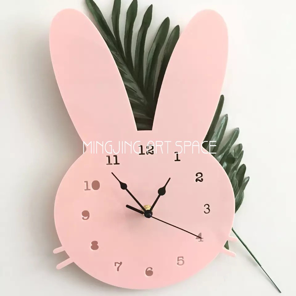 Nordic Wind Small Rabbit Woody Muted Clock Cartoon Hung Clock Children Room Decoration Clock Wall Decoration