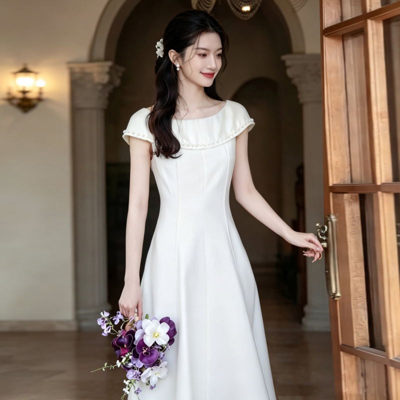 White French Satin Registration Dress, Simple White Dress, Bridal Style Engagement Dress, High-End Light Wedding Dress