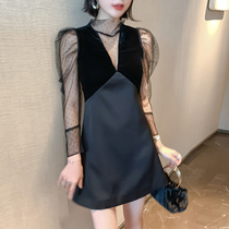 Black evening dress skirt female temperament long sleeve lace slim dress party small people can wear at ordinary times