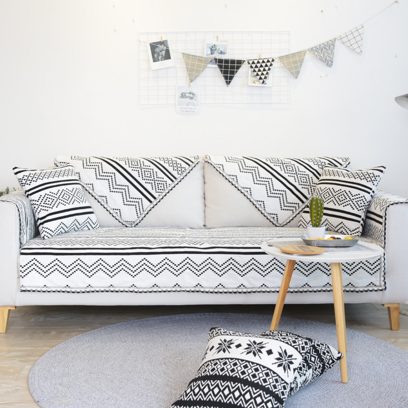 Rain Duo Summer Fresh Black & White Cotton Linen Sofa Mat fabric Double-sided Sofa Towels Cotton Thread All Season Universal Backrest Towel