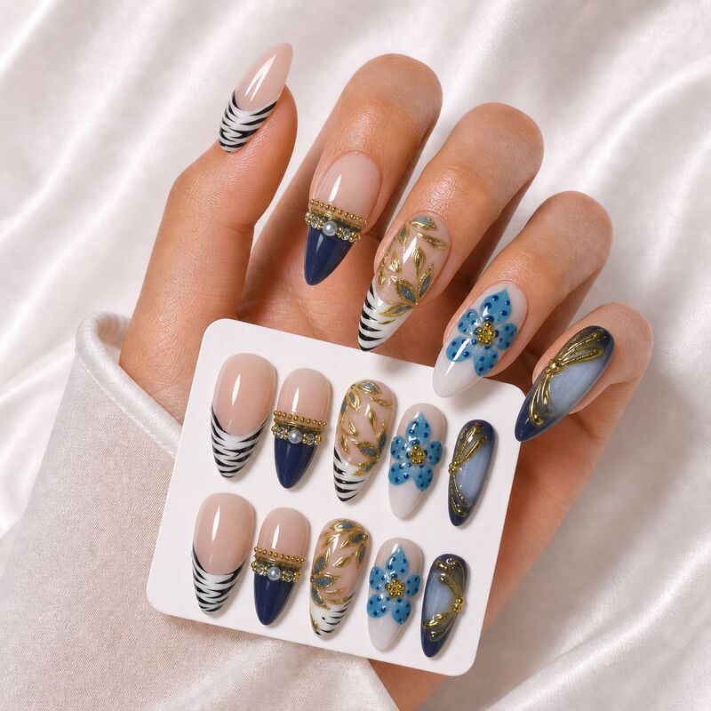 French Zebra Pattern Contrasting Color Wearable Nails Blue and Gold Three-Dimensional Carved Flower Pearl Accessories Retro Style Handmade Nail Pieces