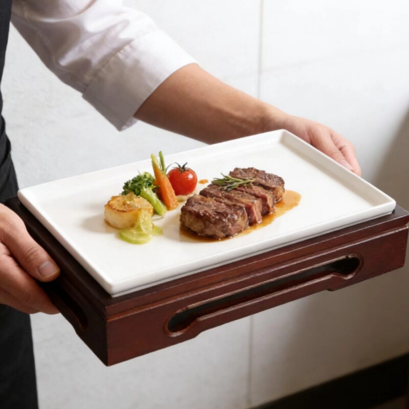 Pure White Rectangular Ceramic with Bamboo Base Tableware, Simple Long Pastry Plate, Creative Hotel Cold Dish Plate Pure White Rectangular Ceramic with Bamboo Base Tableware, Simple Long Pastry Plate, Creative Hotel Cold Dish Plate